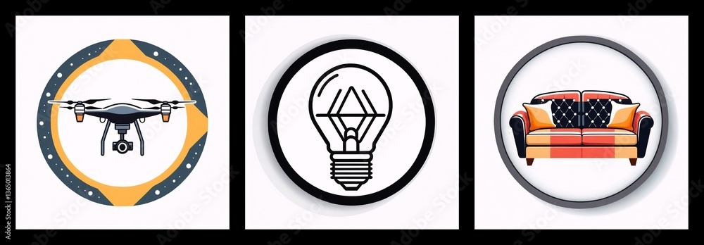 Poster three circular icons display a drone, a light bulb, and a sofa. each object is isolated in a white c