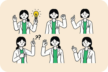 Doctor with Ideas and Solutions: Vector Illustration Set of Woman in Lab Coat Expressing Various Concepts and Gestures