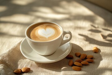 A coffee drink with heart shaped art and almonds nearby