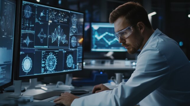 A quantum physicist analyzing data, futuristic laboratory with quantum computers and monitors displaying simulations in the background, High-tech style