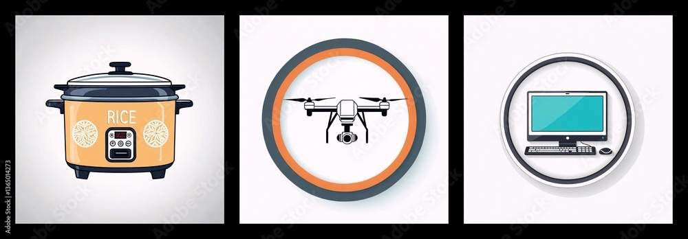 Poster three square panels present a rice cooker, a drone enclosed in a circle, and a desktop computer in a