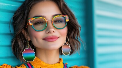 Fototapeta premium Smiling young woman with curly brown hair wearing colorful rounded eyeglasses in a vibrant studio setting Cheerful female model posing confidently with positive emotion and great skin and makeup