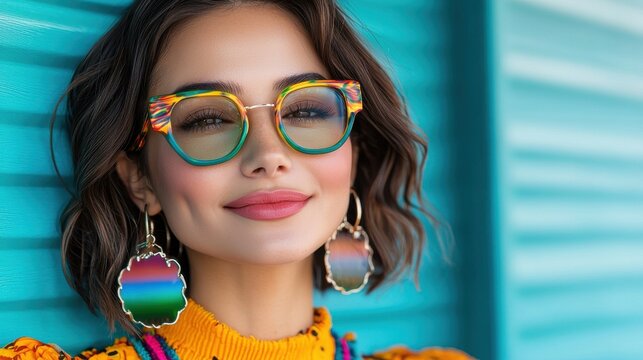 Smiling young woman with curly brown hair wearing colorful rounded eyeglasses in a vibrant studio setting  Cheerful female model posing confidently with positive emotion and great skin and makeup