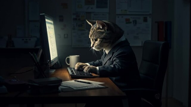 A playful scene of a cat in a tiny suit typing on a keyboard with focused eyes in an office setting
