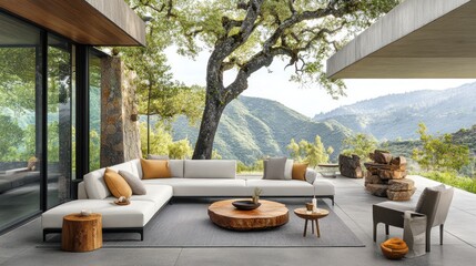Fototapeta premium Modern outdoor sectional sofa and lounge chairs on patio with mountain view