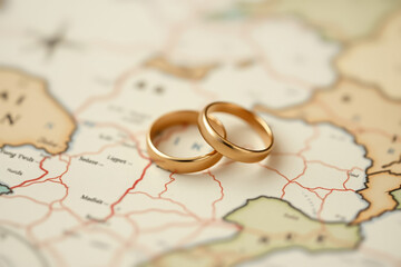 Two Elegant Gold Wedding Rings Placed on a Vintage World Map, Symbolizing Love, Marriage, Travel, and Destination Weddings, Perfect for Romantic and Engagement-Themed Concepts