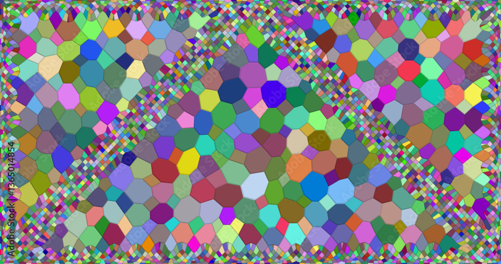 Poster a vibrant mosaic wall with polygonal elements surrounded by a frame of small squares. the stained gl