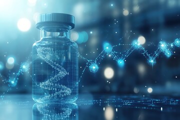 A clear vaccine vial illuminated by bright blue lights with a DNA strand in the background