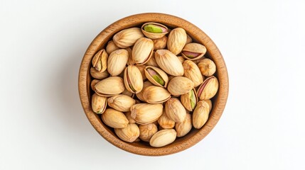 Pistachios in wooden bowl on white background. Possible use food photography, healthy snack, ingredients