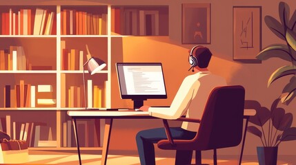 Fototapeta premium A man working from home in his study, wearing a headset for a virtual meeting. 