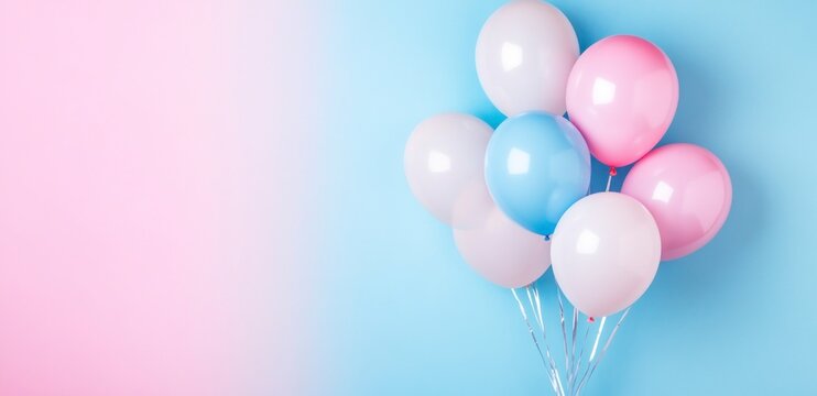 Pastel Balloons Bunch Floating on Soft Blue Pink Background for Celebration - Powered by Adobe