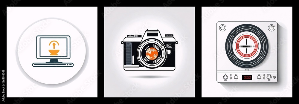Aufkleber three icons in circles: a desktop computer with a signal, a classic camera lens, and a cooktop stove