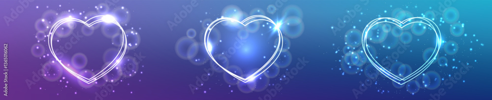 Poster neon frame in heart form with shining effects and sparkles