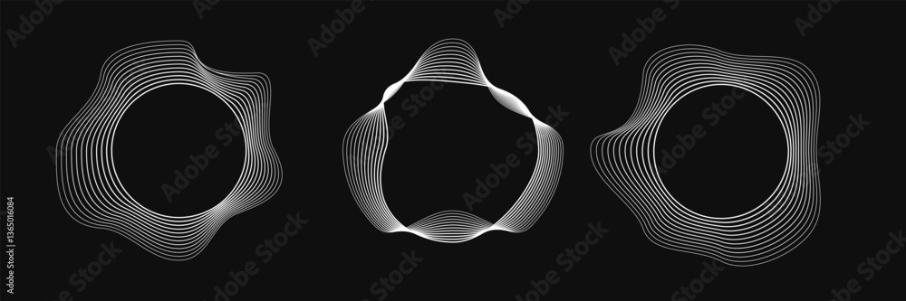 Poster set of round curved frames with dynamic wavy stripes