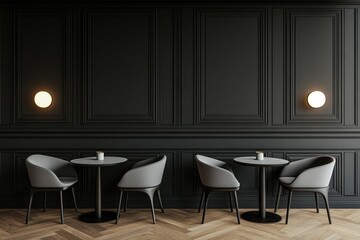 Stylish cafe space featuring dark paneling and modern seating arrangements