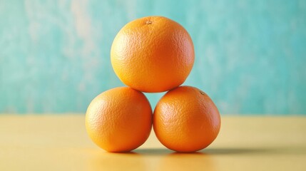 Fresh Oranges Stacked on Table, Teal Background. Possible use Food photography