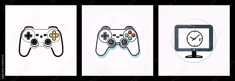 Aufkleber Three icons depict gaming and time management. Game controllers and a computer monitor with a clock face are shown.