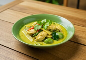Spicy and flavorful Thai green curry with tender chicken, served in a green dish on a table