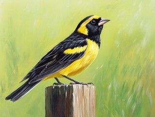 Obraz premium Bobolink: Colourful Songbird Migrating in Spring. Ohio's Passerine on Green Background