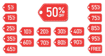 Red Sale Tag Vector Set – 5% to 95% Off Discount Labels for Retail, E-commerce & Promotional Events – Editable EPS, AI