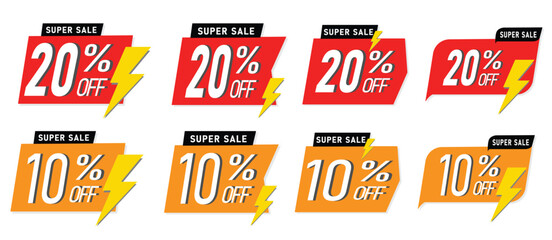 Super Sale Discount Tags – 10% and 20% Off Promotional Vector Stickers with Lightning Bolt