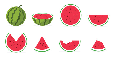 Watermelon Slices Vector Art – 8 Fresh Pieces with Full, Half & Bitten Views – Summer Food, Juice Bar & Healthy Eating Clipart – Editable EPS