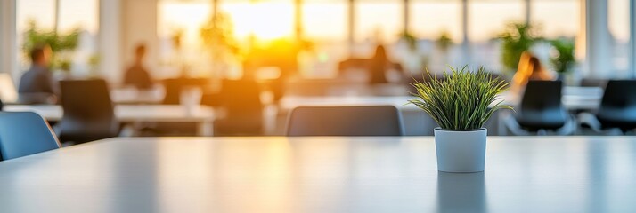 Sunset Through panoramic window in modern glass wall business office with blurry people background