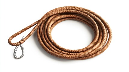 Light brown coiled rope with metal hook, studio shot