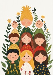 Group of cheerful children in colorful clothing surrounded by flowers and greenery, representing diversity and joy in a vibrant illustration