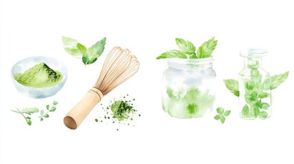 Matcha Tea Set with Powder, Whisk, Mint Leaves, Ice Cubes, and Glass