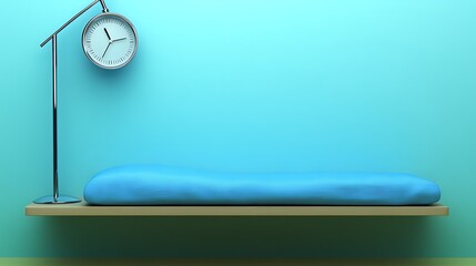 A modern clock hangs over a blue pillow on a shelf