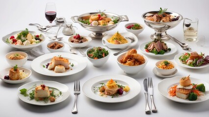 Fototapeta premium A row of ten shiny forks, each holding a different food item, arranged against a white background.
