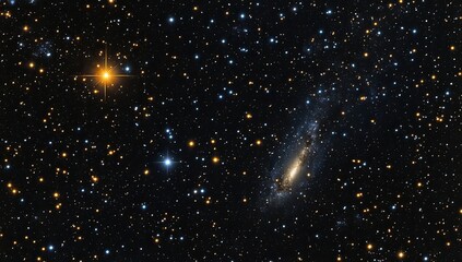 Fototapeta premium Cosmic spiral galaxy embedded in star-studded expanse. A vibrant spiral galaxy, highlighted against a backdrop of countless stars, fills the image. 