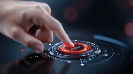Obraz premium Close up view of a human finger gently touching a high tech futuristic digital display with a glowing holographic user interface The screen shows a circular pattern with vivid red and blue lights