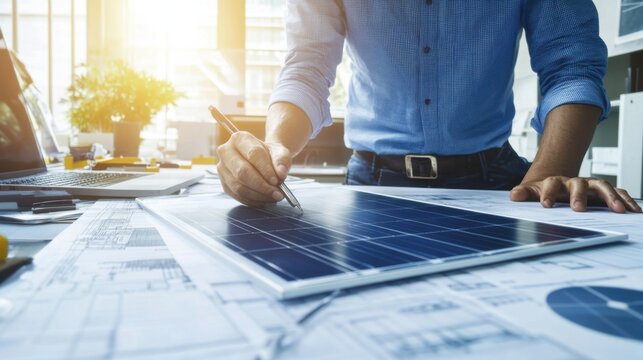A renewable energy engineer designing solar energy systems, office with solar panel blueprints and design software visible, High-tech style