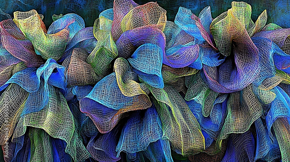 Poster abstract display of layered colored fabric elements provides visual texture