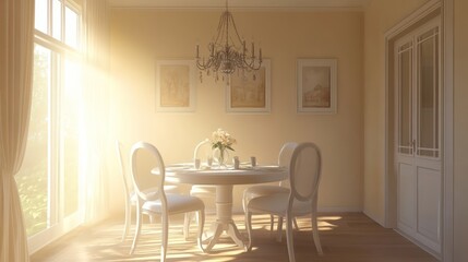 Fototapeta premium Sunny Dining Room Interior, Elegant Table Setting, Cozy Atmosphere, Interior Design