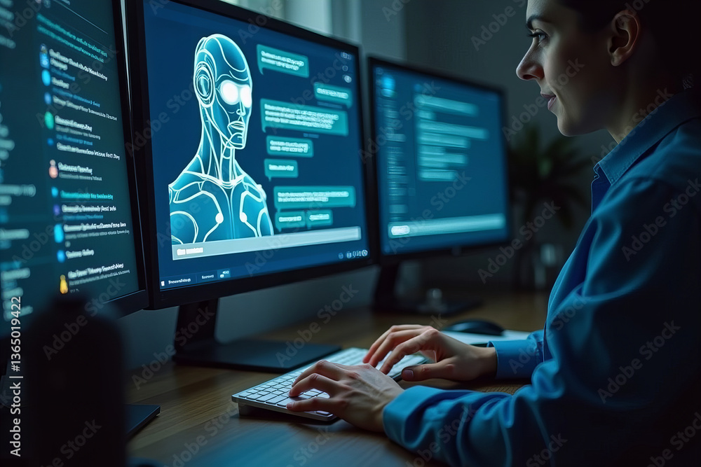 Poster image of person interacting with virtual assistant on computer screen while typing at desk