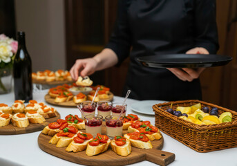 Catering waiter arranging a festive buffet table with bruschetta, desserts, and fruit baskets.