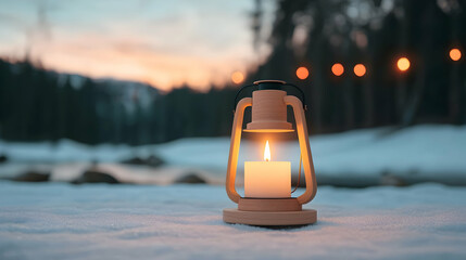 Burning Candle in Wooden Lantern on Snowy Ground at Sunset