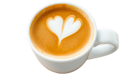 A beautifully crafted latte with heart-shaped foam art in a white ceramic cup, perfect for coffee lovers on Transparent background
