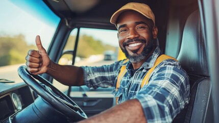 Obraz premium Happy truck driver giving thumbs up while sitting in vehicle cabin