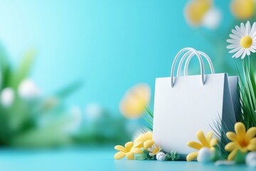 Decorative paper shopping bag with colorful spring flowers like daisies in a serene natural setting of a meadow or garden  The bag is placed among the lush green foliage and blossoms