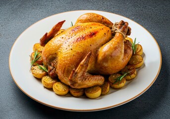 Whole roasted chicken with crispy golden skin, perfectly cooked for a flavorful feast.