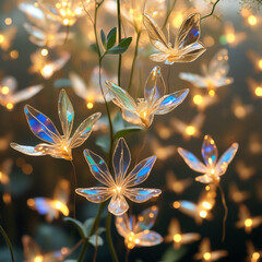 The image depicts delicate, translucent flowers with petal-like structures reflecting light, suspended amidst golden butterflies with iridescent wings, evoking a sense of weightlessness and gentle mot