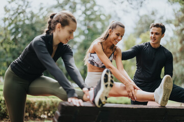 Three people enjoy a fitness session, stretching and socializing in a beautiful park setting.