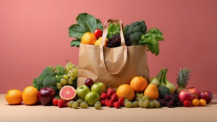 A variety of fresh fruits and vegetables arranged on a light blue background,