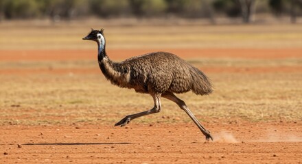 Emu Running Fast Across Red Dirt Landscape