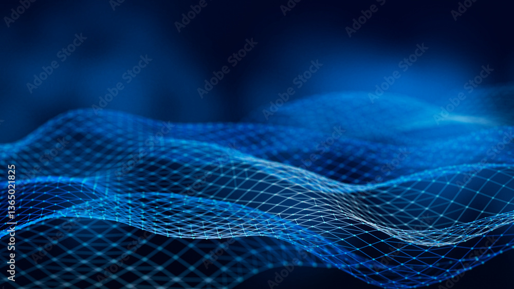 Poster Abstract futuristic wave background. Network connection dots and lines. Digital background. 3d	