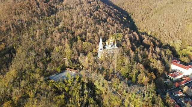 Aerial view of Shipka Monastery Holy Nativity, known as Russian church in town of Shipka, Stara Zagora Region, Bulgaria